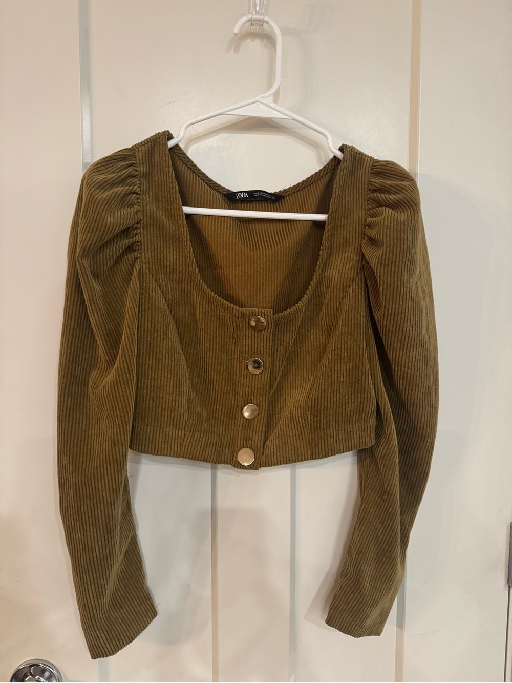 Zara Olive Corduroy Button-Front Cropped Top
